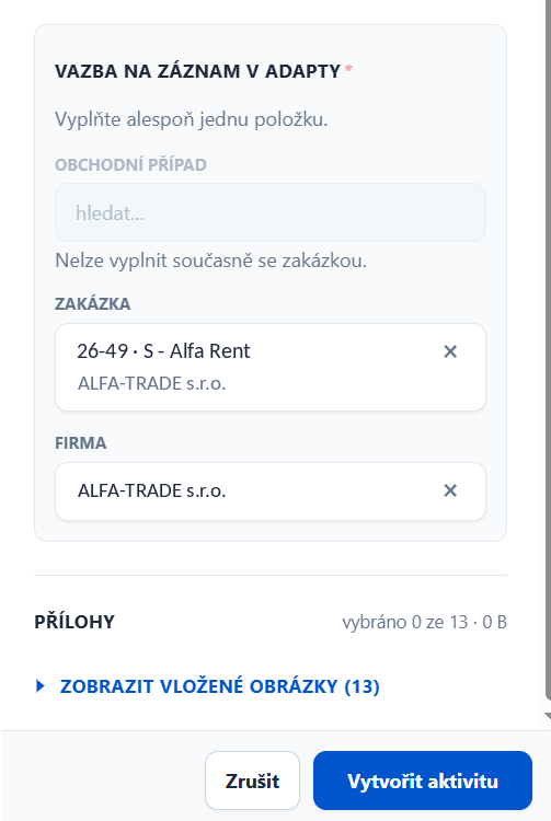 Panel ADAPTY v Outlooku — napojení aktivity na zakázku, firmu a výběr příloh k přenesení