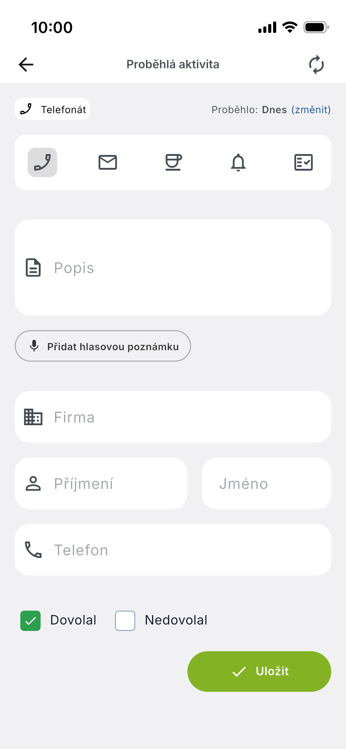 Mobilní aplikace ADAPTY CRM — zápis proběhlé aktivity: typ kontaktu, popis, hlasová poznámka, firma, kontaktní osoba a volba Dovolal/Nedovolal