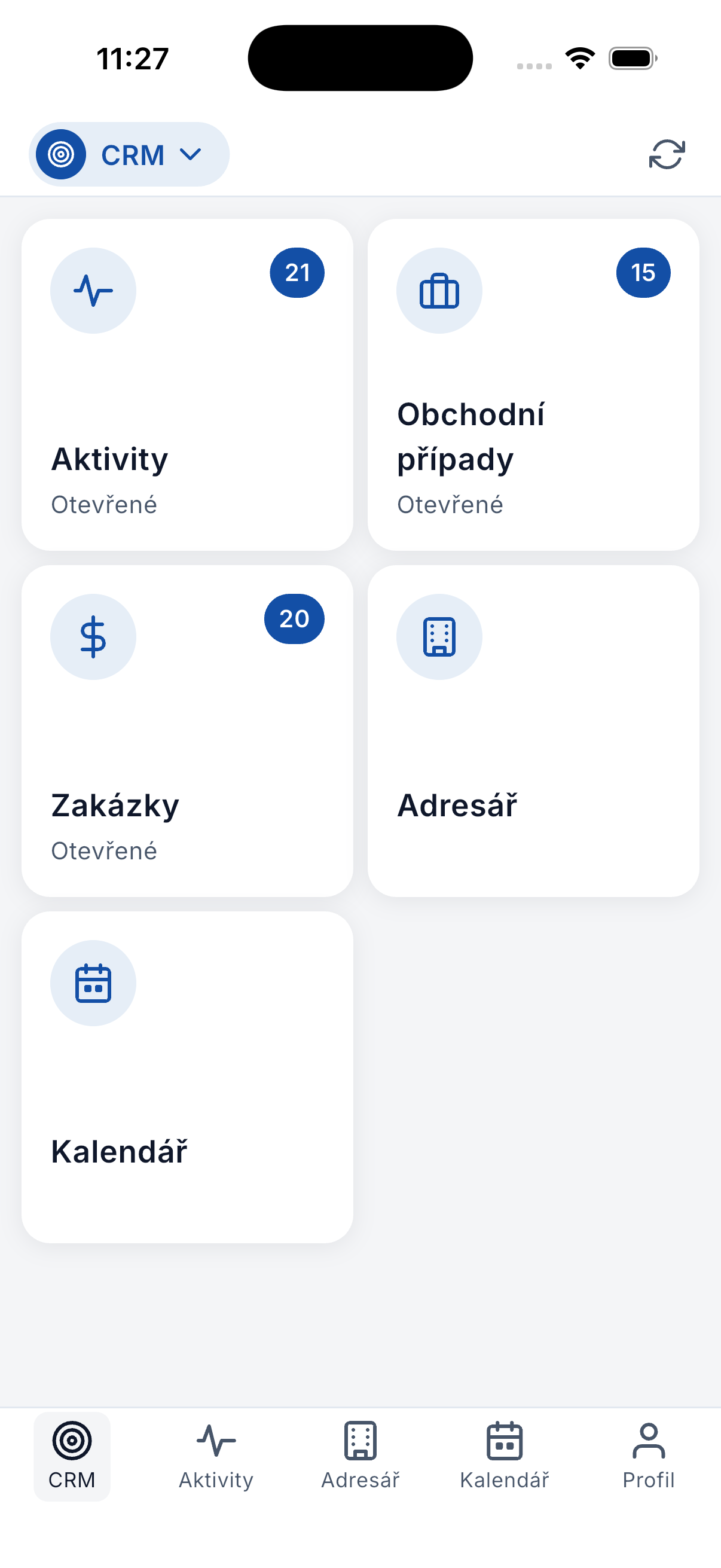 Úvodní rozcestník mobilní aplikace ADAPTY s dlaždicí Zakázky
