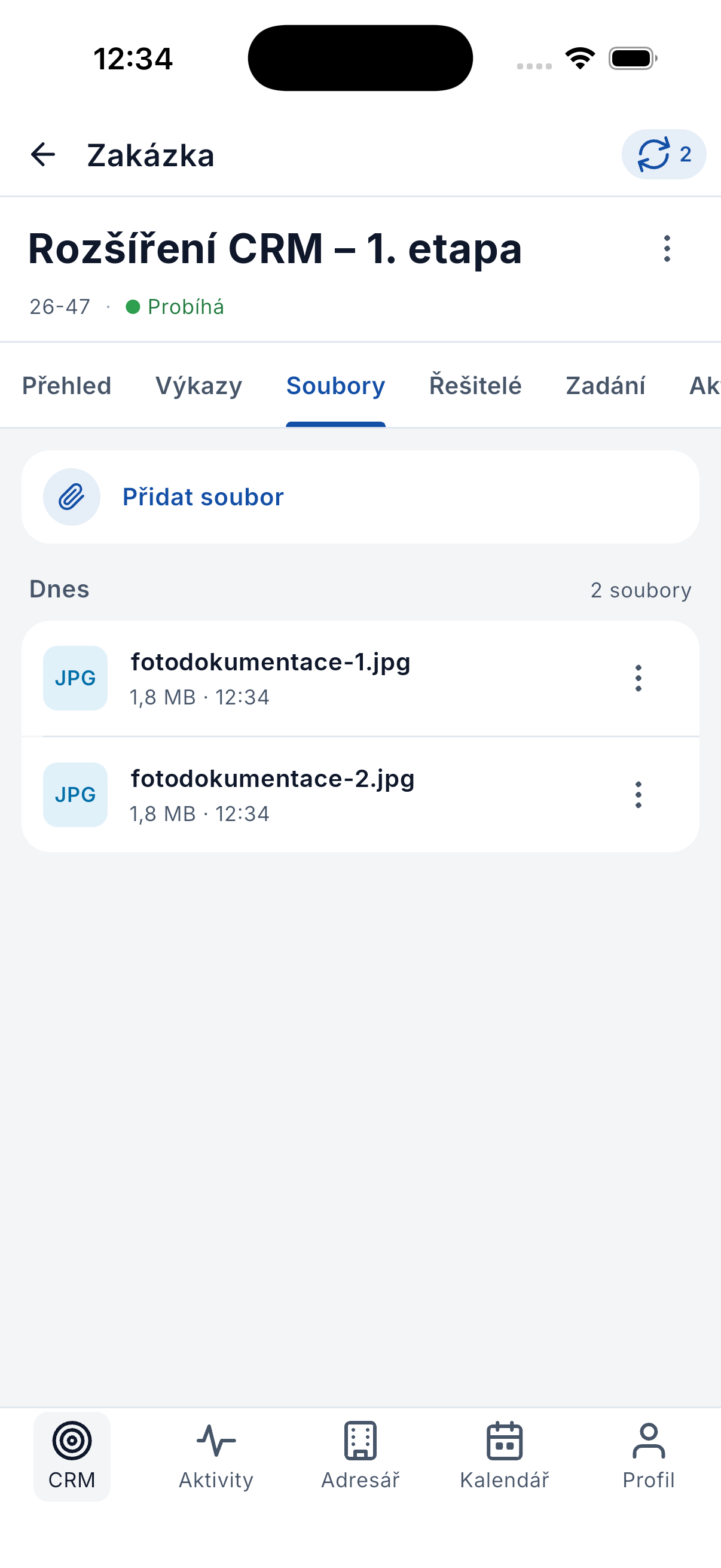 Soubory u zakázky v mobilu a tlačítko Přidat soubor