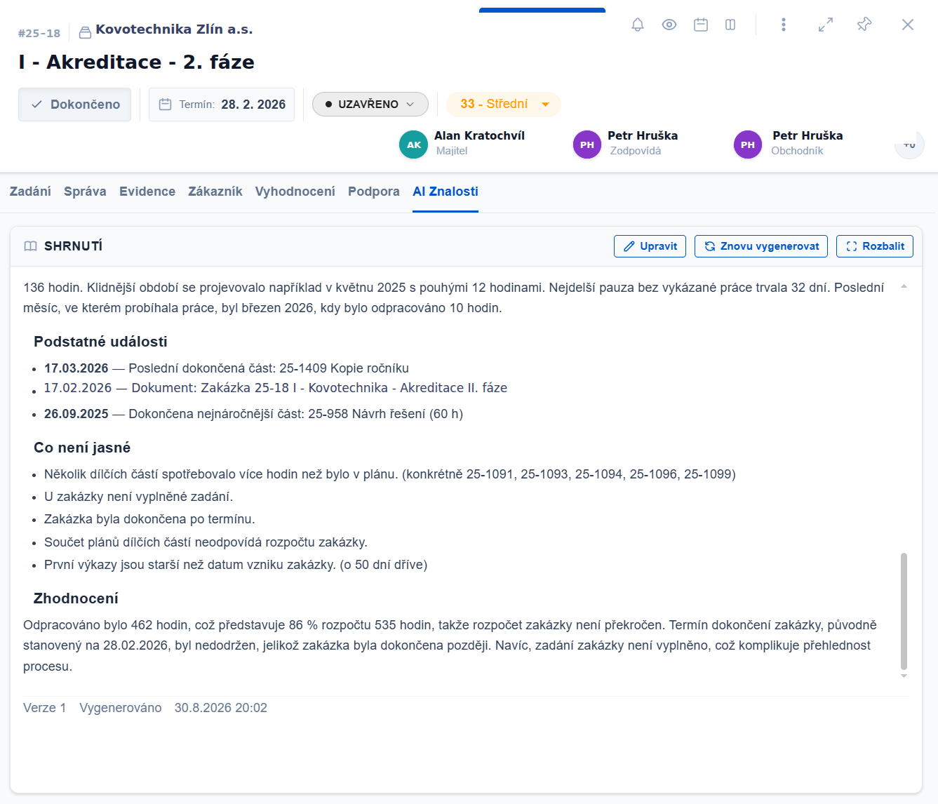AI vyhodnocení zakázky — podstatné události, sekce Co není jasné a závěrečné zhodnocení čerpání a termínu