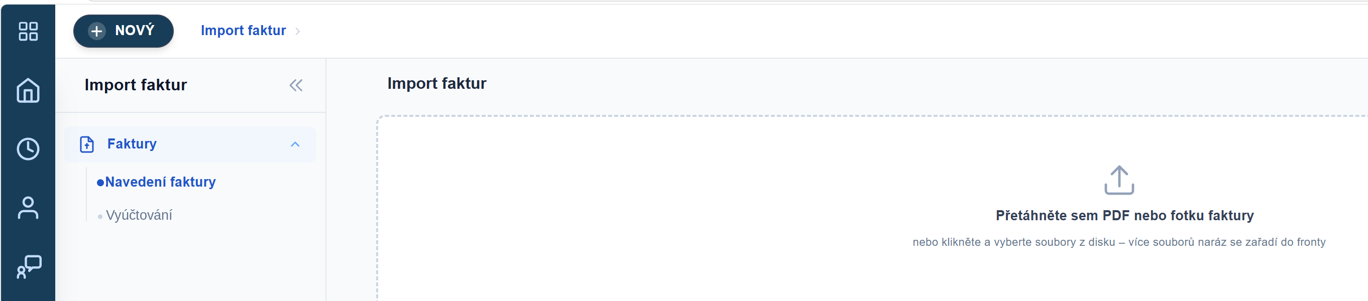 Menu Import faktur s volbami Navedení faktury a Vyúčtování a plochou pro nahrání dokladu.