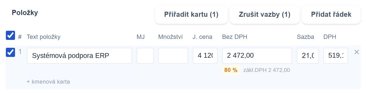 Rozpoznaná položka faktury s možností přiřadit kmenovou kartu.