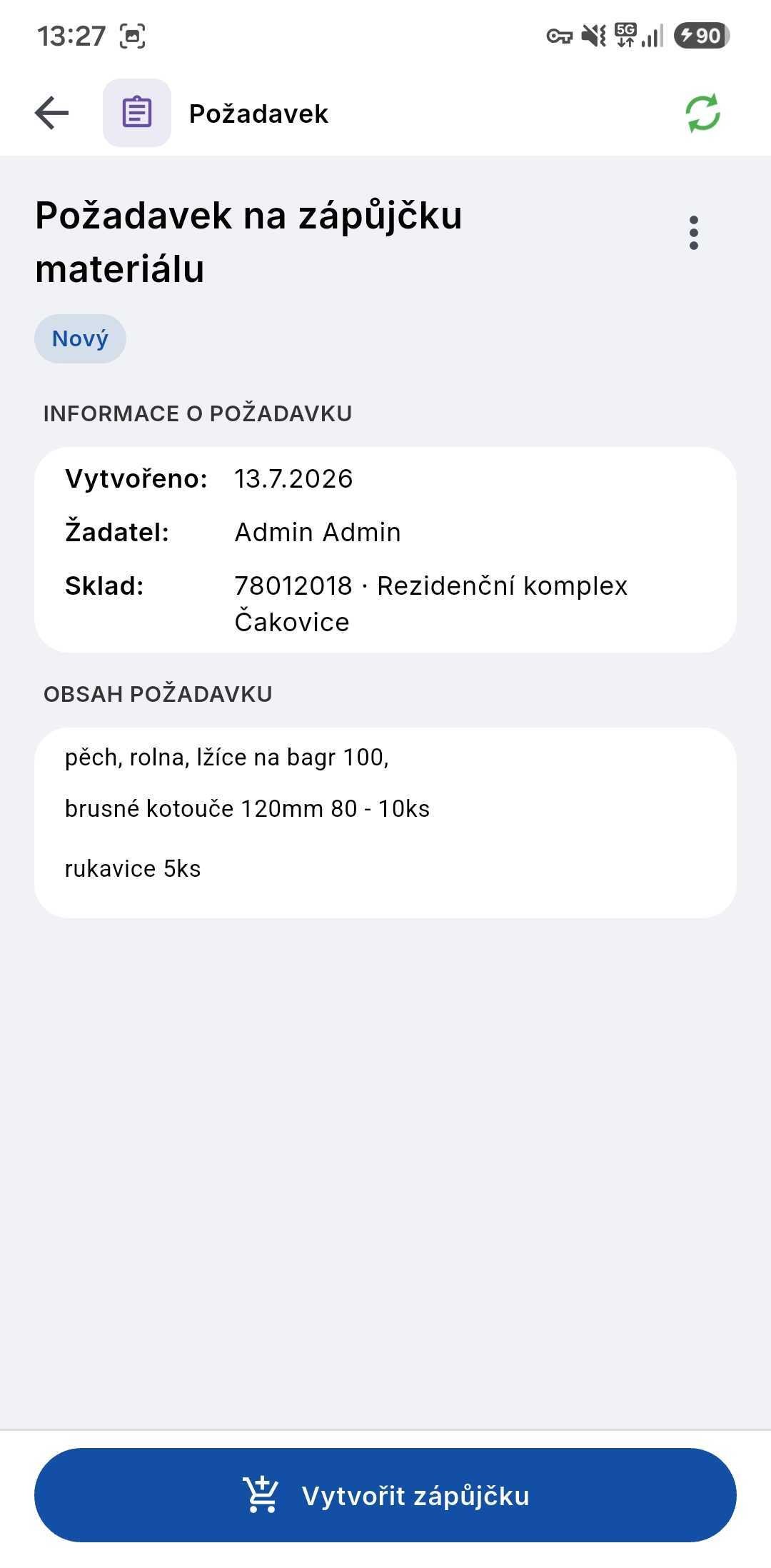 Detail požadavku ze stavby s možností vytvořit z něj zápůjčku