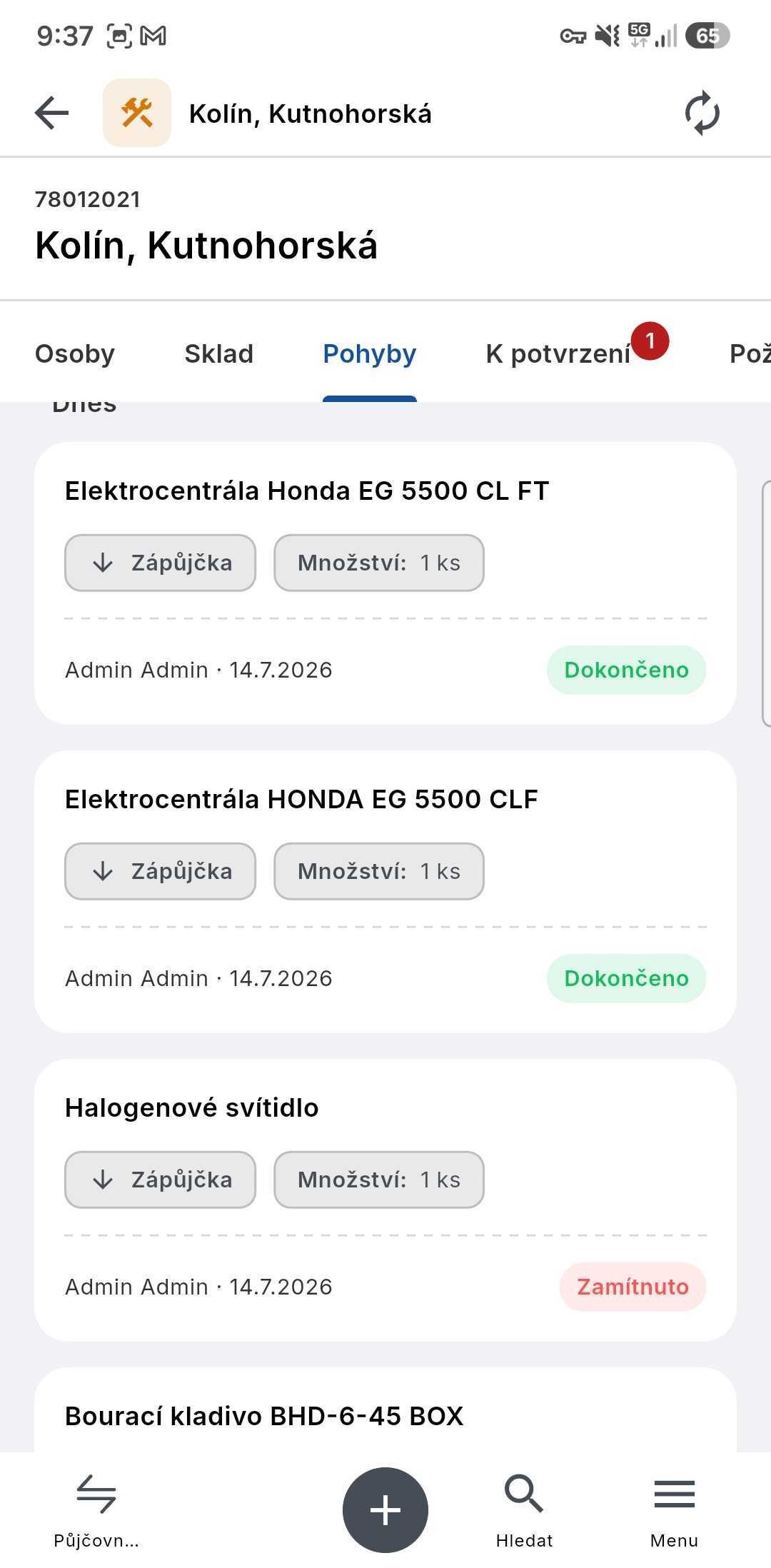 Záložka Pohyby — historie zápůjček se stavy Dokončeno a Zamítnuto