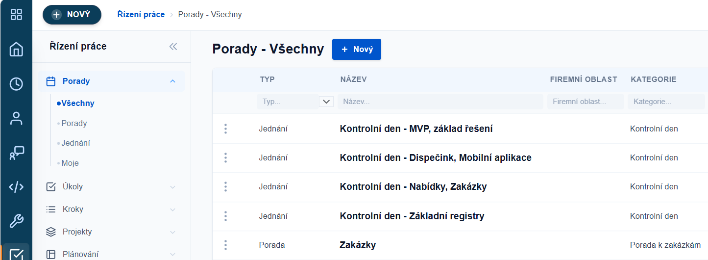 Menu agendy Řízení práce v ADAPTY — Porady s podsekcemi Všechny, Porady, Jednání a Moje, dále Úkoly, Kroky, Projekty a Plánování