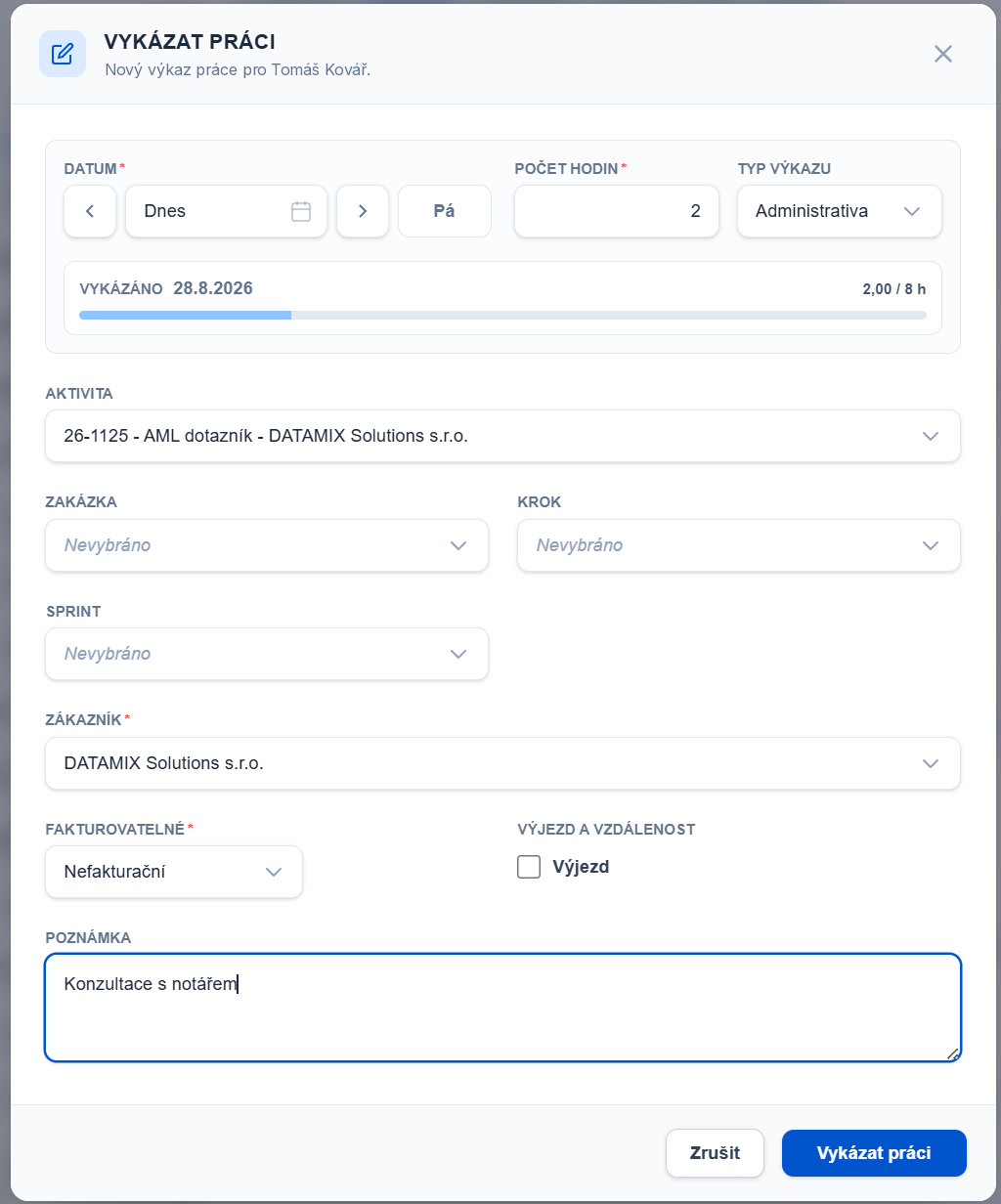 Dialog Vykázat práci v ADAPTY — datum, počet hodin, typ výkazu, aktivita, zakázka, krok, sprint, zákazník, příznak fakturovatelnosti, výjezd a poznámka