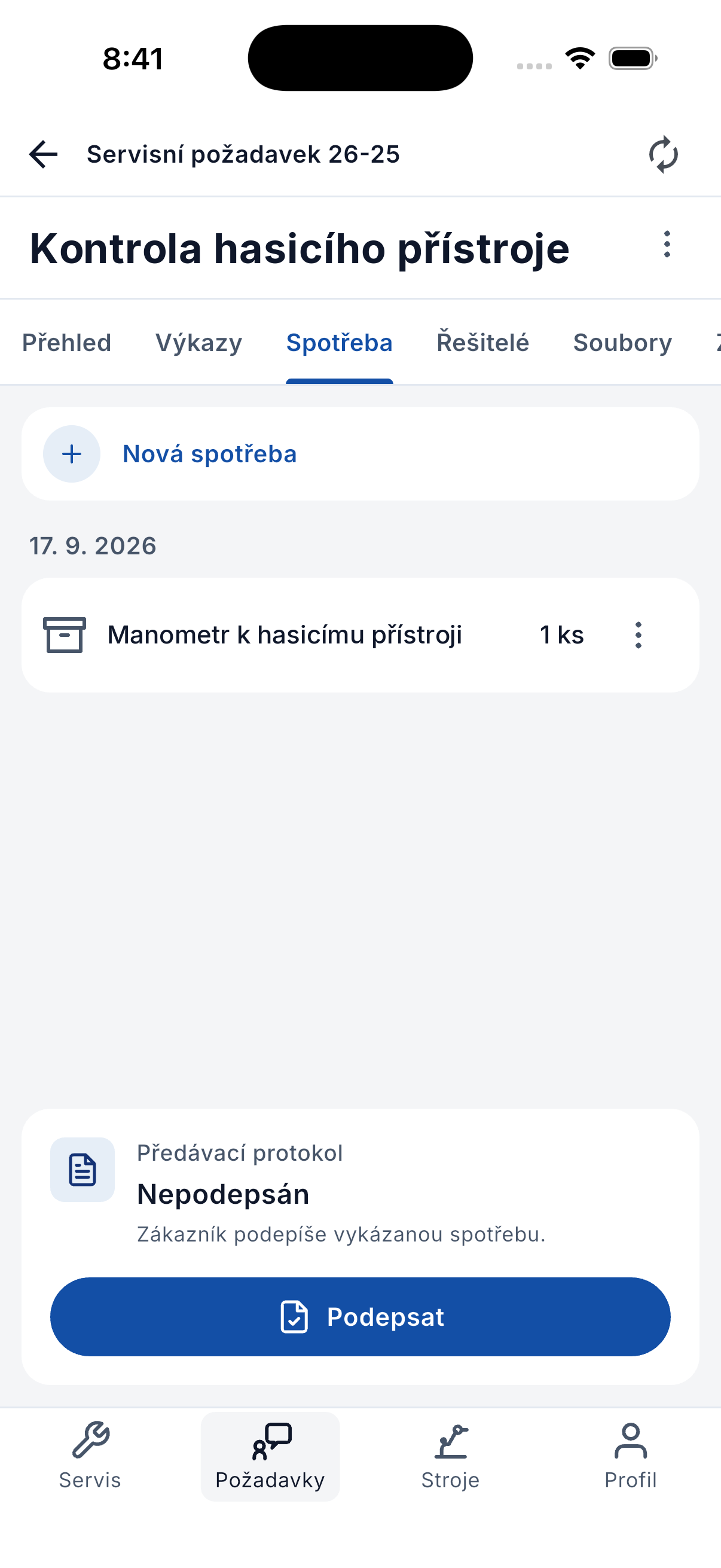 Přehled spotřeby u servisního požadavku s množstvím materiálu a možností podpisu předávacího protokolu.