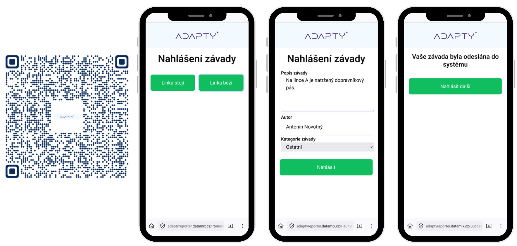 Hlášení závady QR kódem v ADAPTY — volba zda linka stojí nebo běží, popis závady, autor a kategorie, potvrzení odeslání