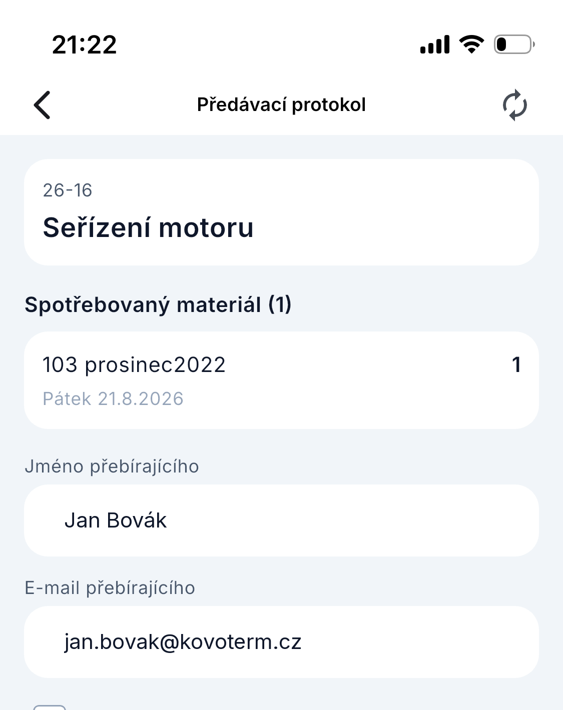 Předávací protokol v ADAPTY — spotřebovaný materiál, jméno a e-mail přebírajícího a souhlas se zpracováním údajů