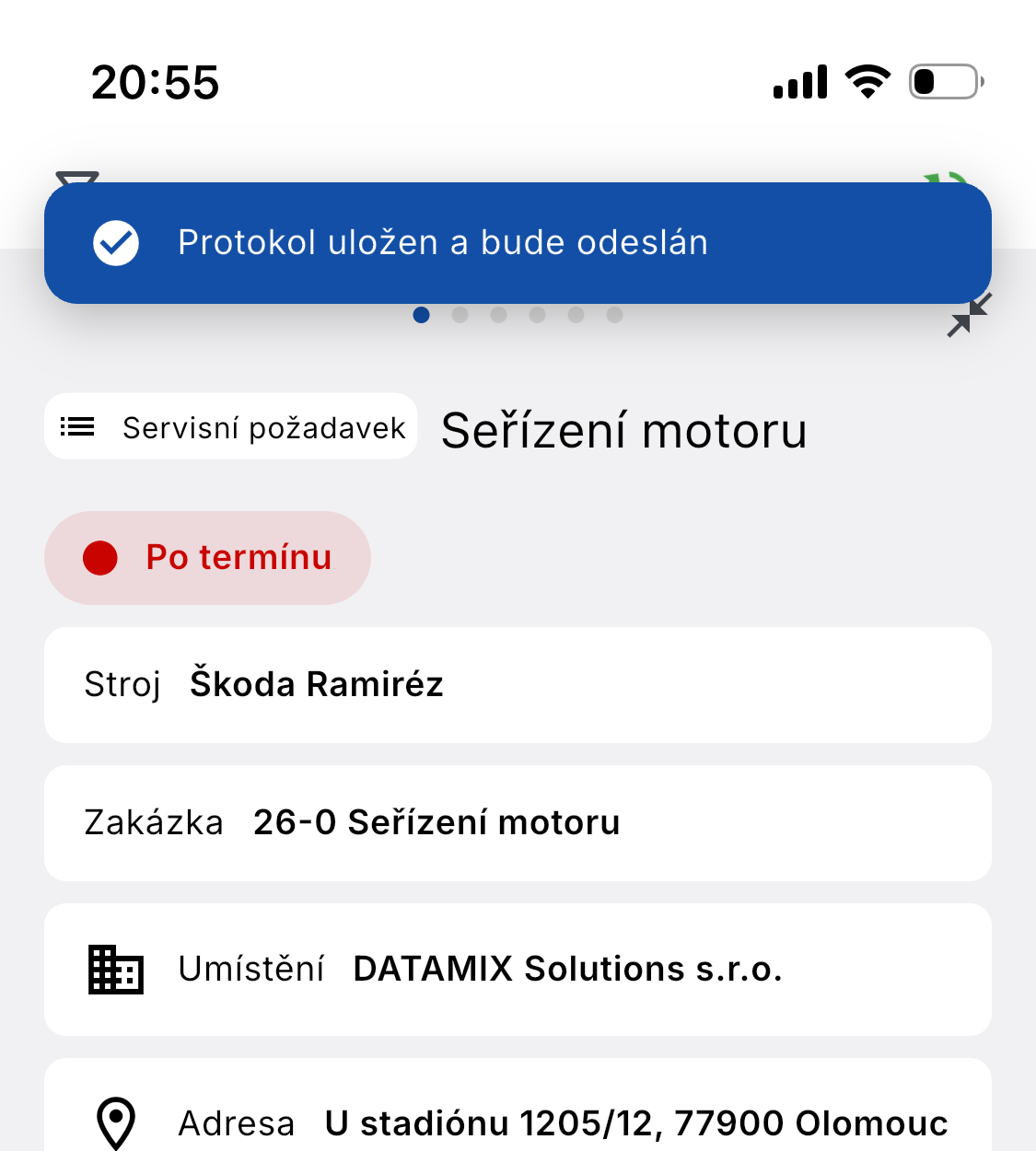 Potvrzení v ADAPTY, že předávací protokol byl uložen a bude odeslán zákazníkovi